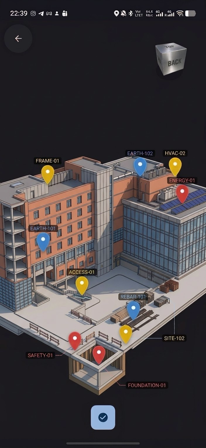 Digital Specialist BIM viewer — tasks pinned on a 3D building model, placed by tapping the model or by voice with Mira