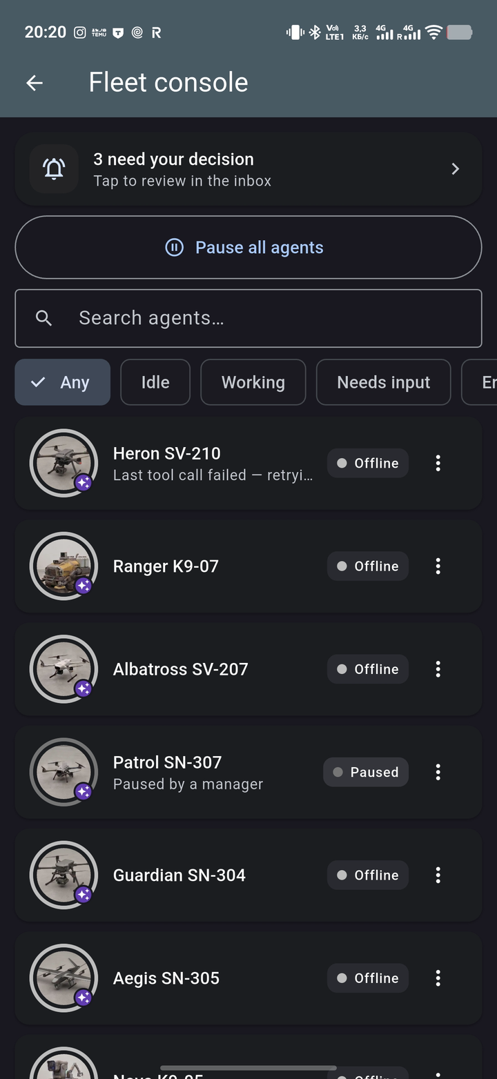 Digital Specialist fleet console — manage AI agents: online status, tasks, pause and approvals