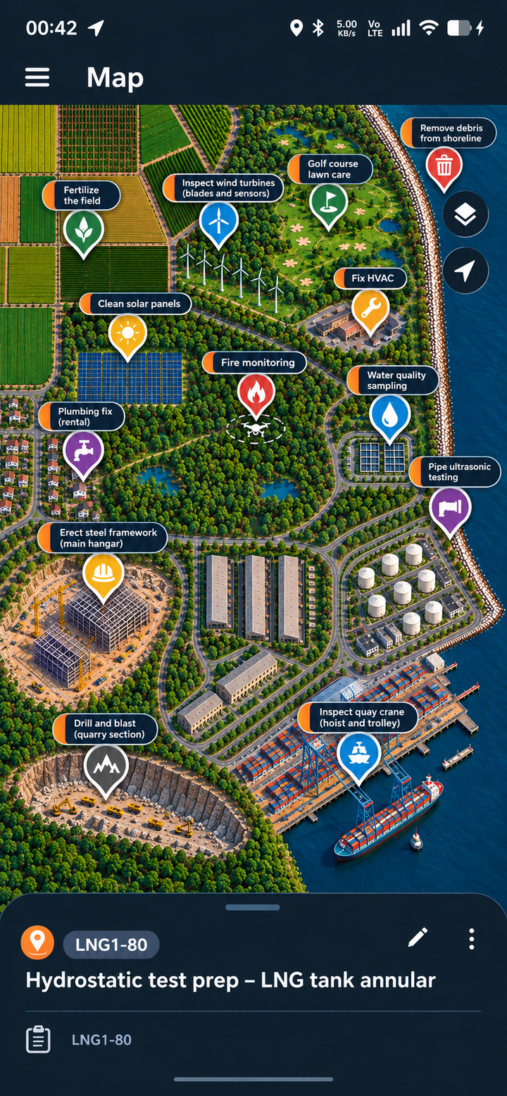Digital Specialist task management on a map — task pins, clusters and priorities