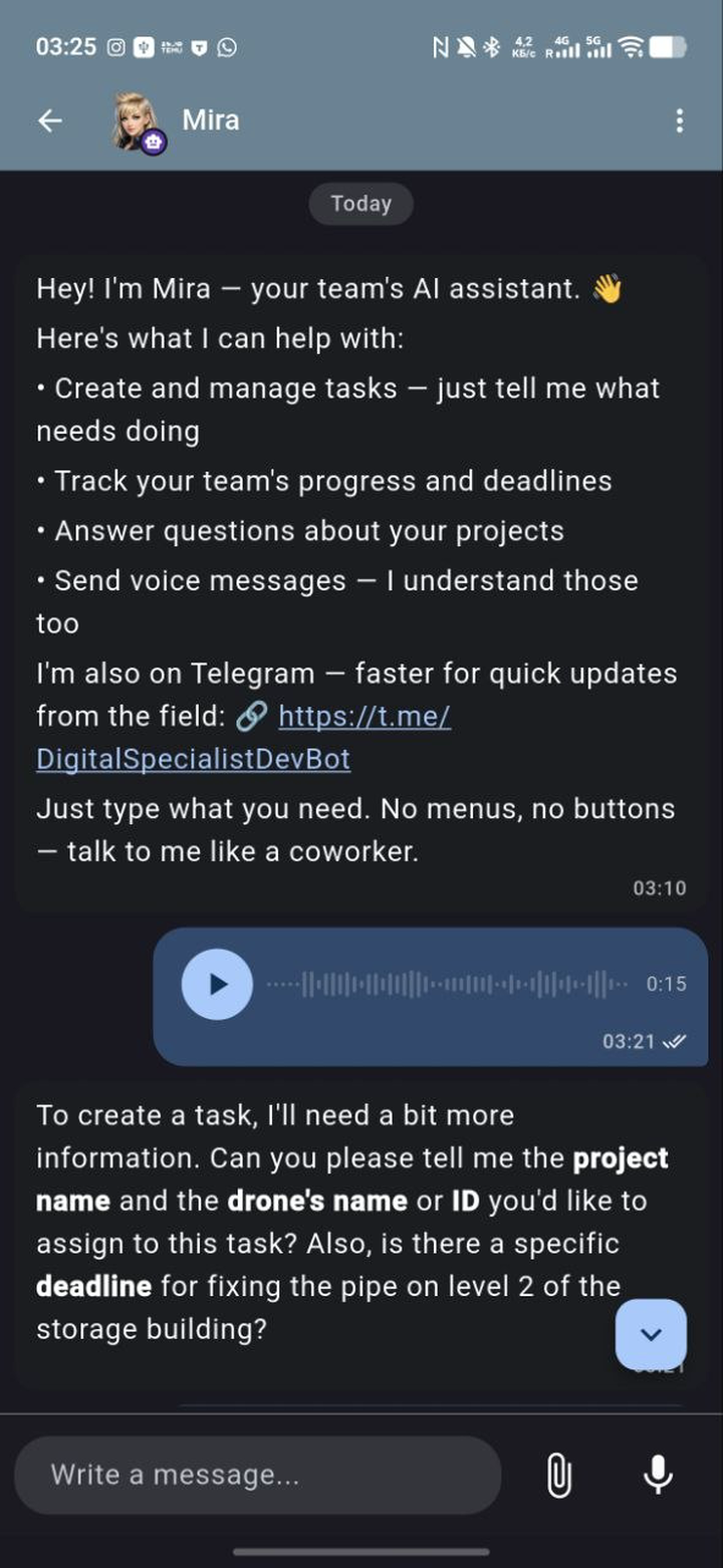 Mira AI assistant chat in Digital Specialist
